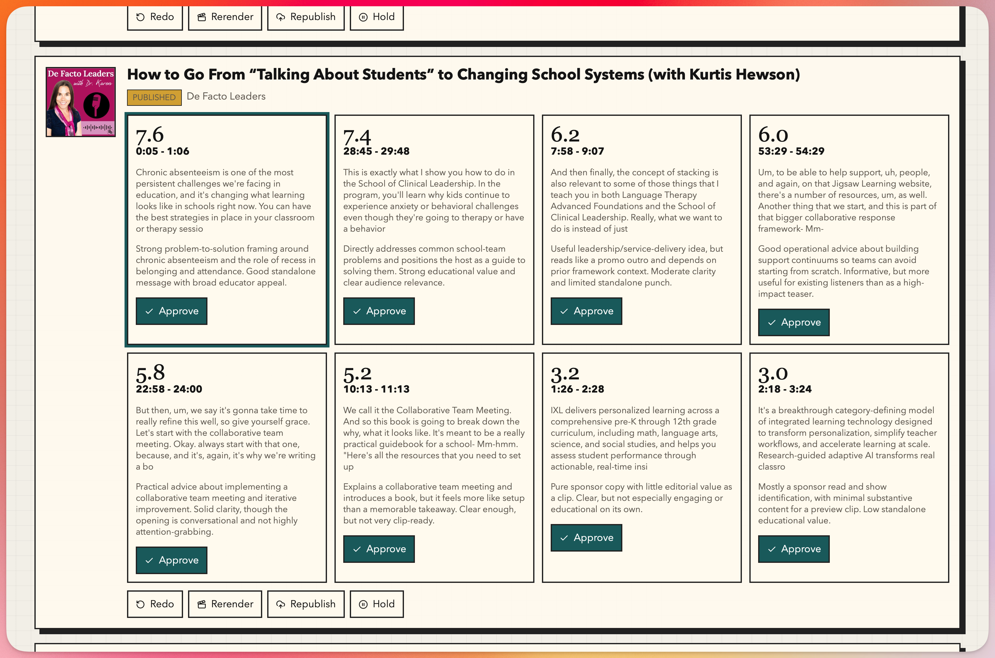 Clipfeed admin screen showing ranked podcast clip candidates with approve, redo, rerender, republish, and hold actions.