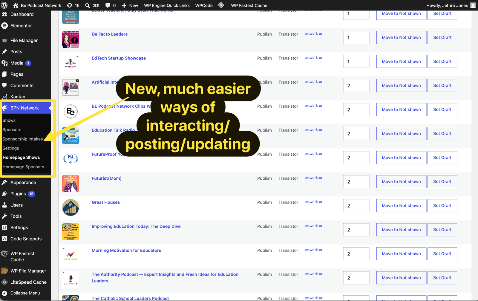 WordPress admin screen for BPN Network homepage shows with inline order fields and publish actions.